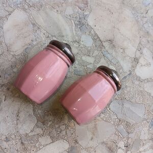 Vintage Pink Enamel W.M. Rogers Silverplate Salt Pepper Shakers Set